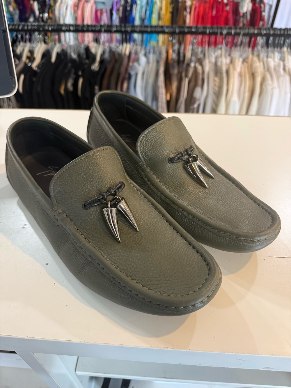 Giuseppe Zanotti Olive Green Leather Slip-On Loafers with Silver Metal Accent